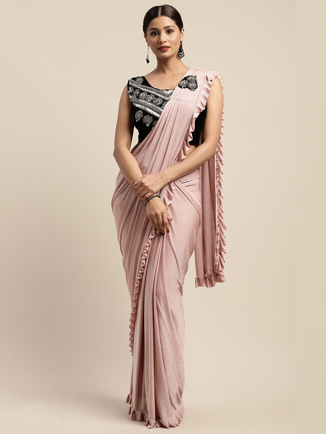 Neerus Orange embellished ready-to-wear saree with blouse - front view