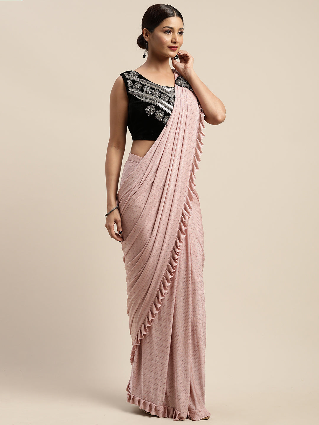 Neerus Orange embellished ready-to-wear saree with blouse - back view
