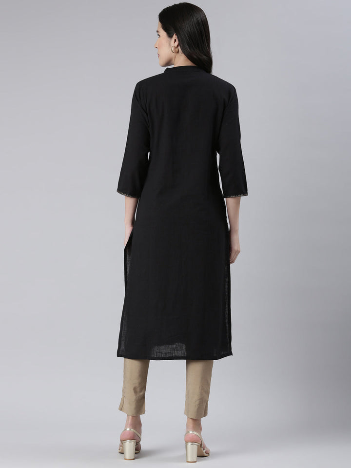 Neerus Black cotton solid straight kurta - side view