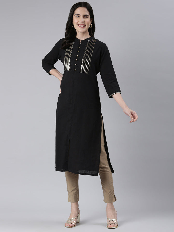 Neerus Black cotton solid straight kurta - detail view 2