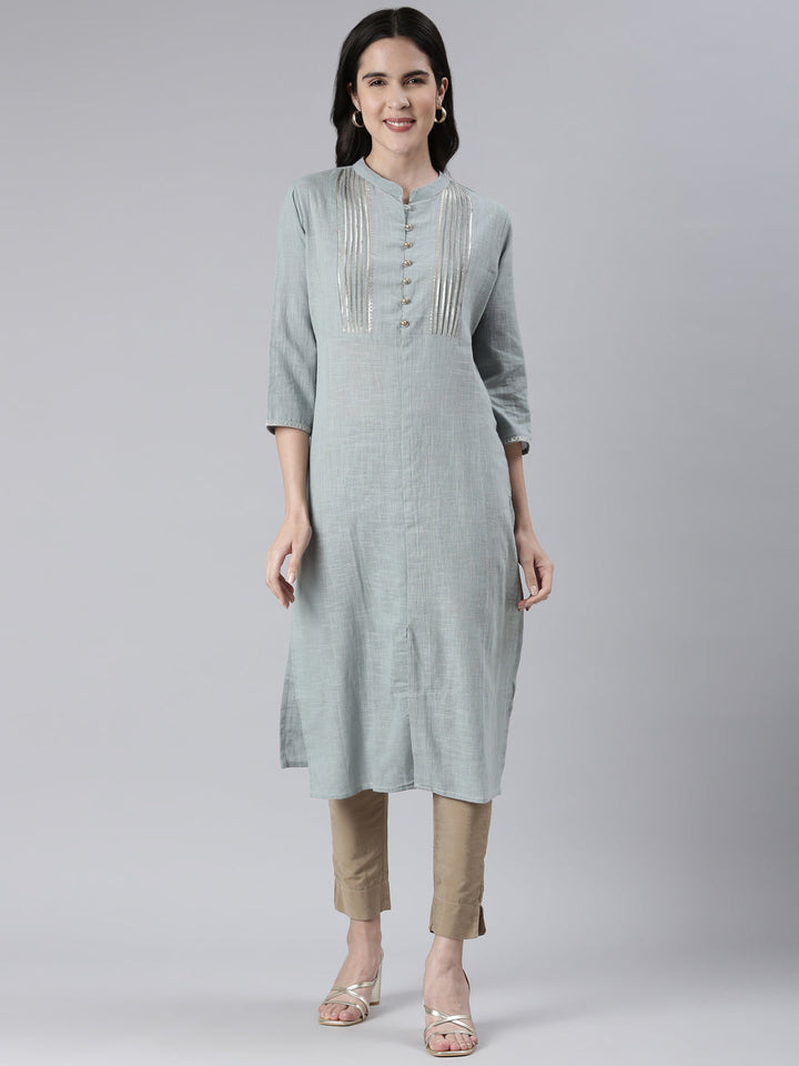 Neerus Blue cotton solid straight kurta - front view