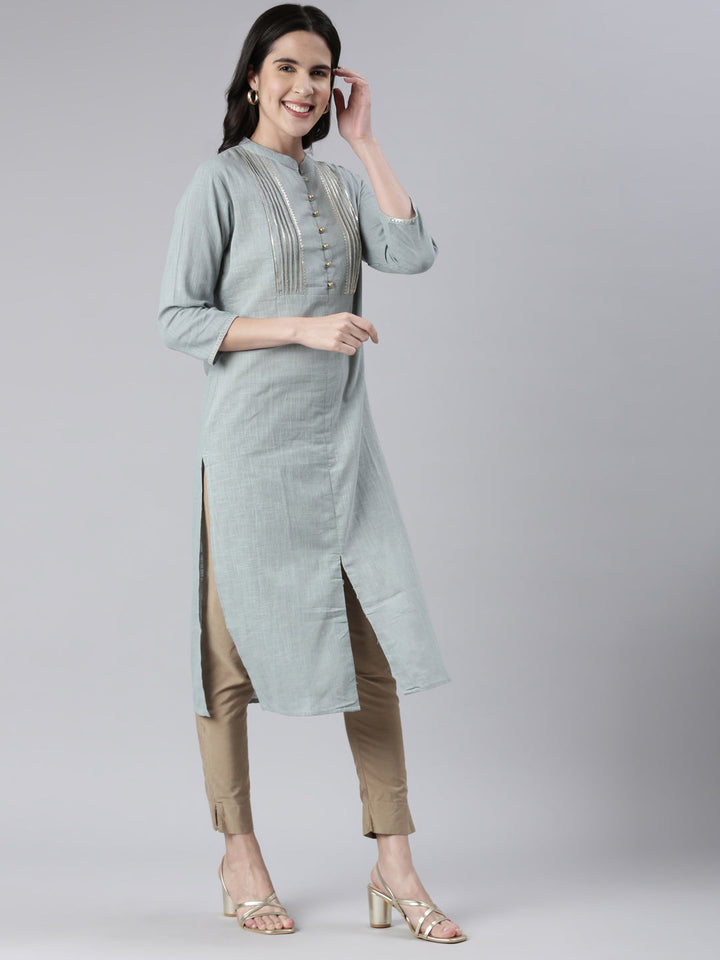 Neerus Blue cotton solid straight kurta - back view