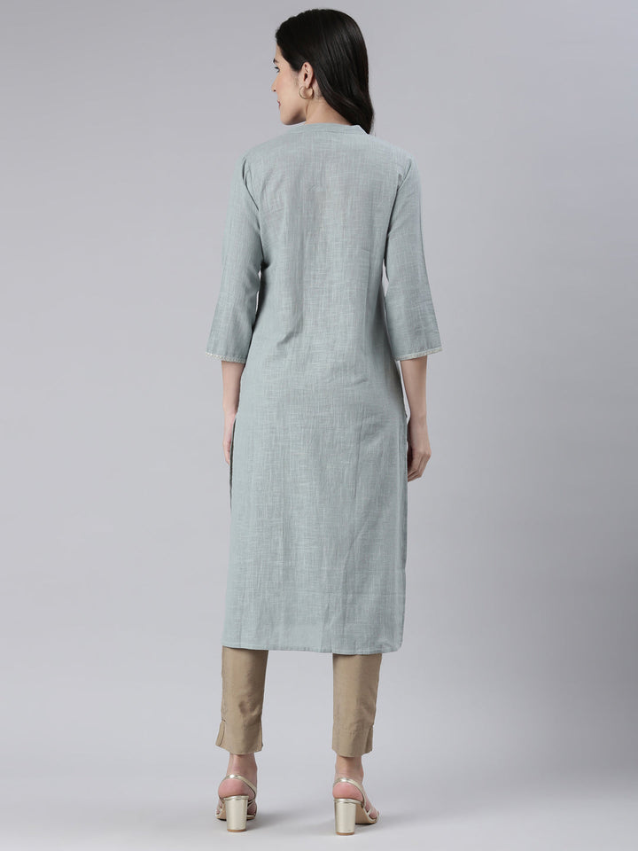 Neerus Blue cotton solid straight kurta - side view