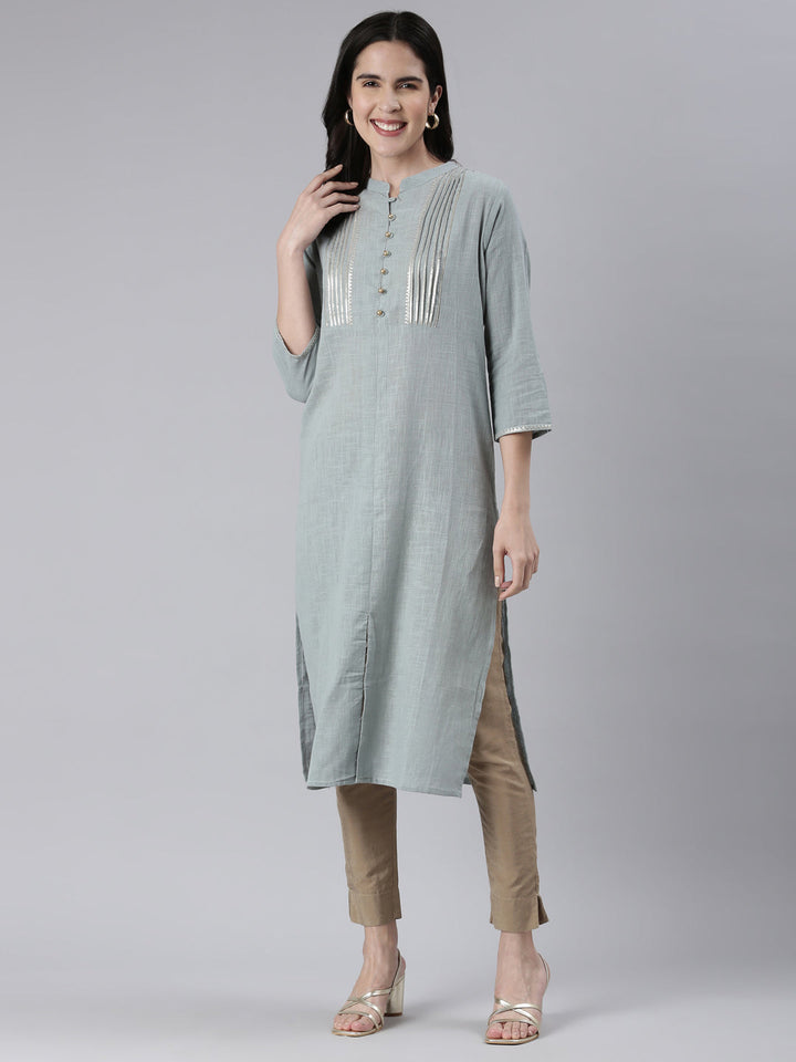 Neerus Blue cotton solid straight kurta - detail view 2