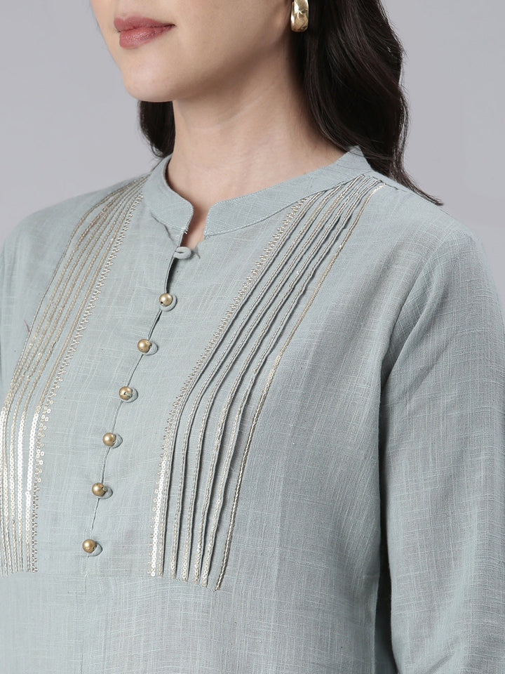 Neerus Blue cotton solid straight kurta - detail view 1