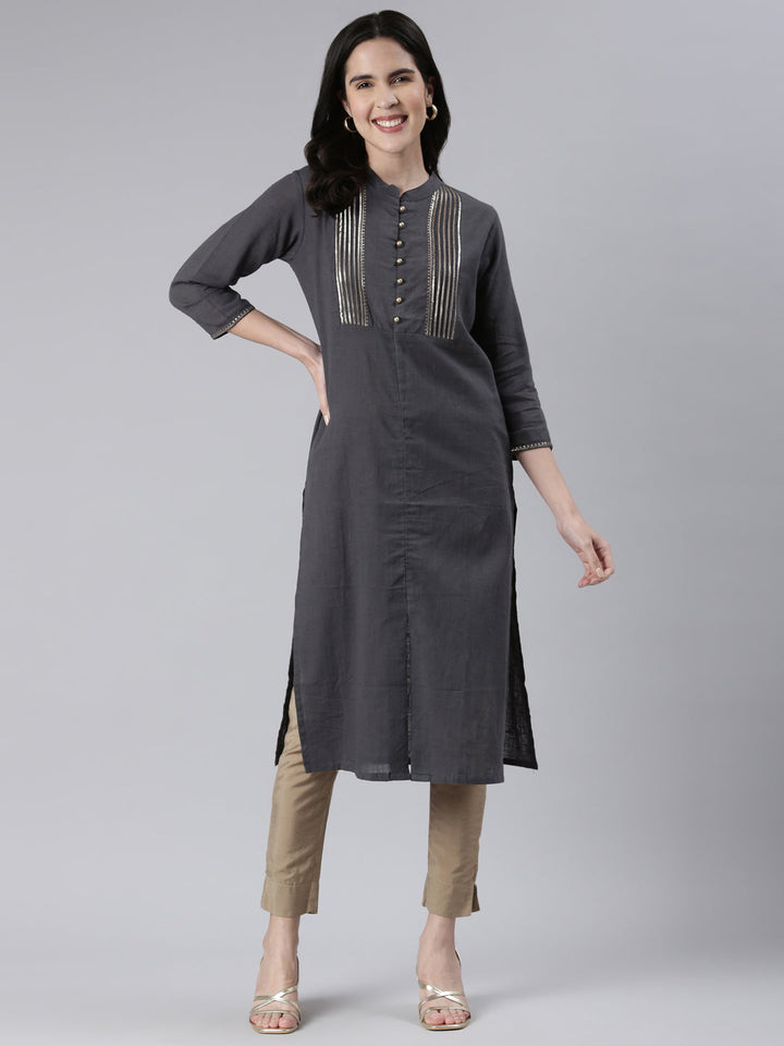 Neerus Grey cotton solid straight kurta - front view