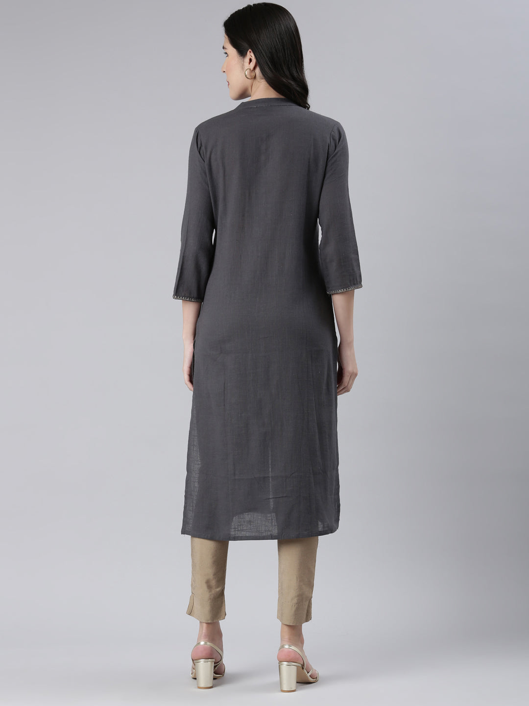 Neerus Grey cotton solid straight kurta - side view
