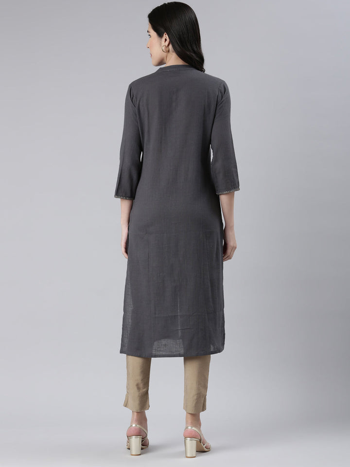 Neerus Grey cotton solid straight kurta - side view
