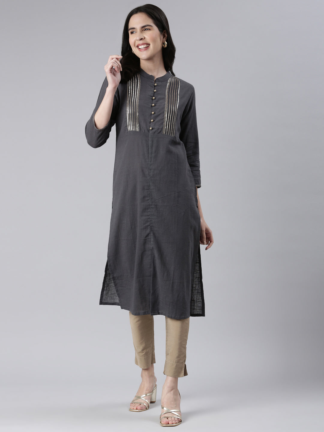 Neerus Grey cotton solid straight kurta - detail view 2