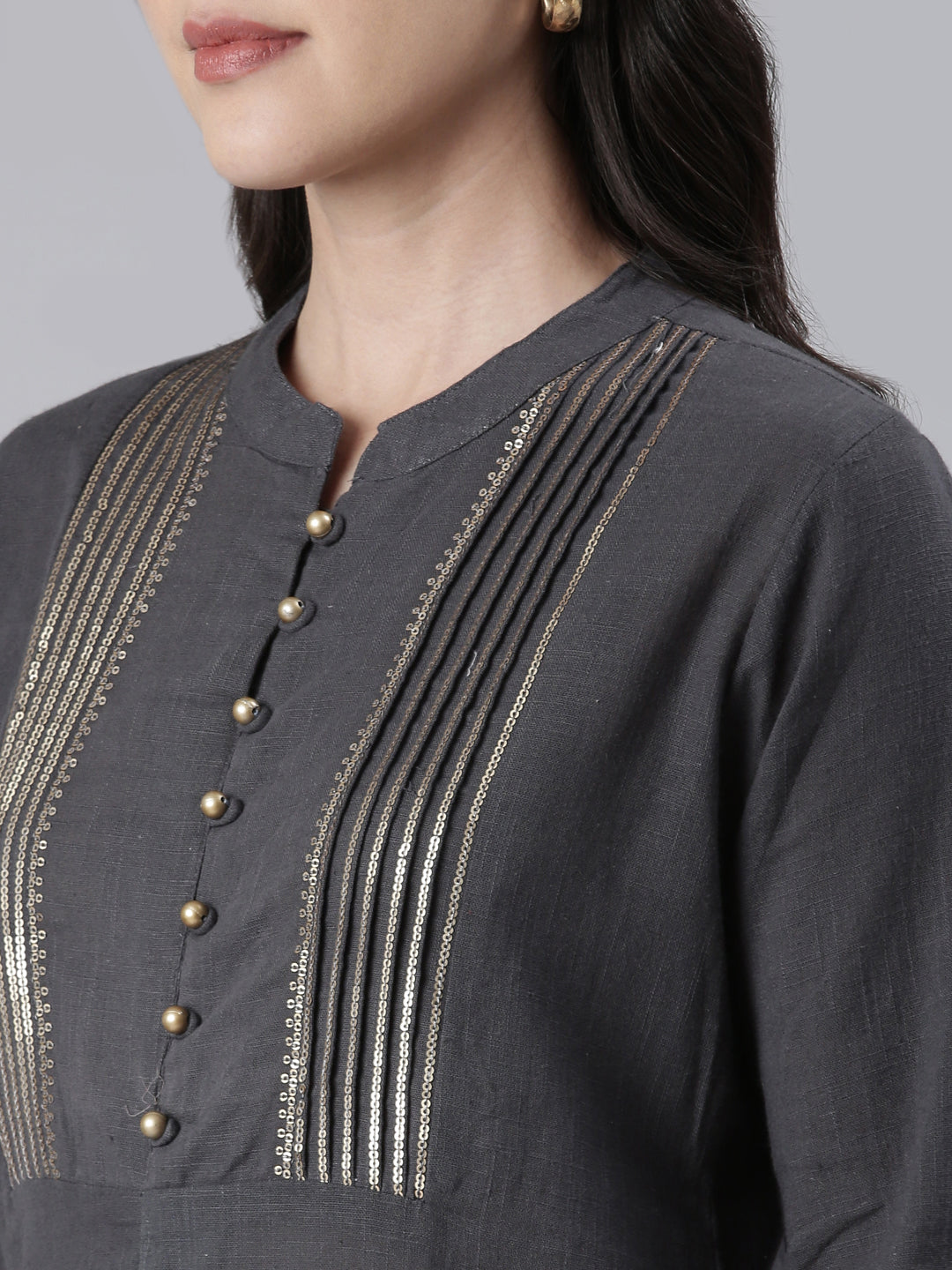 Neerus Grey cotton solid straight kurta - detail view 1