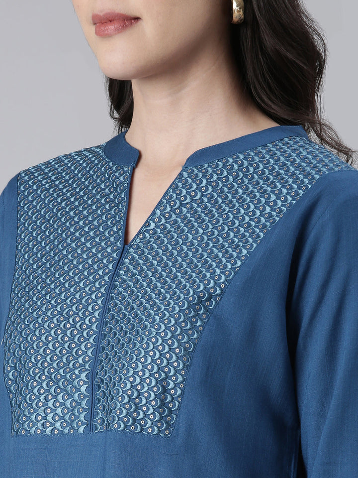 Neerus Blue cotton solid straight kurti - detail view 1