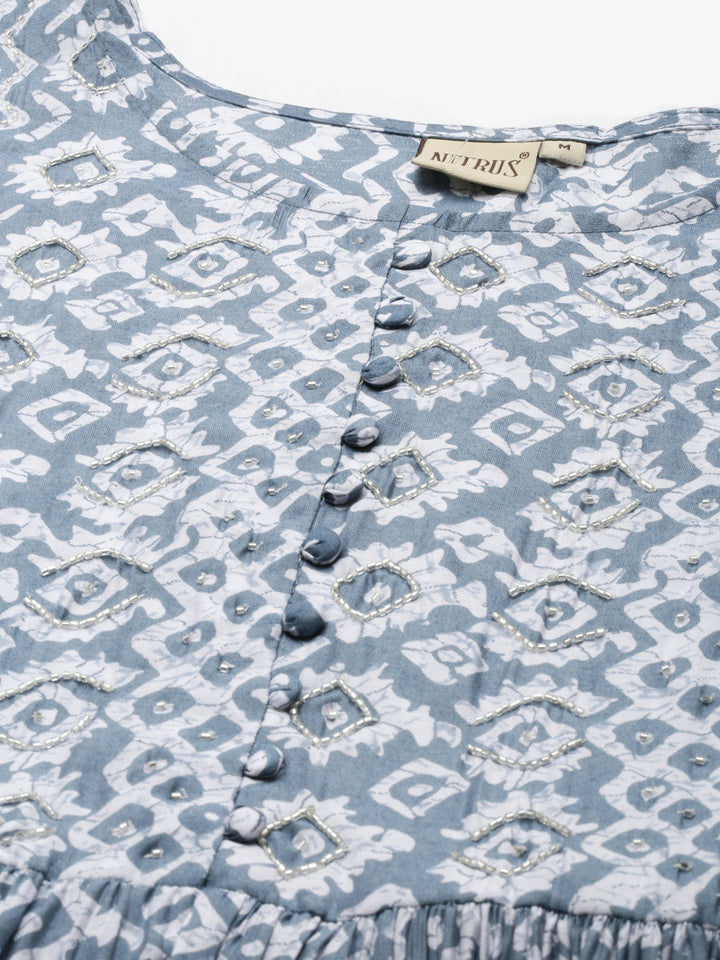 Neerus Blue muslin printed flared maxi dress - detail view 3