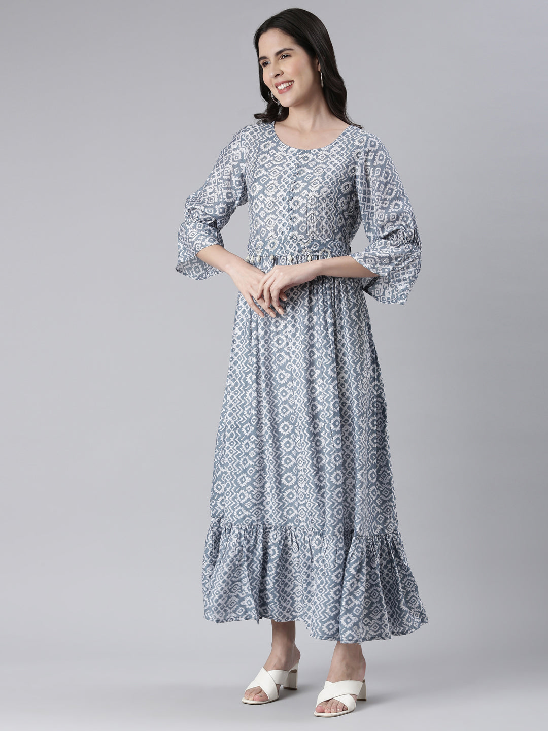 Neerus Blue muslin printed flared maxi dress - back view