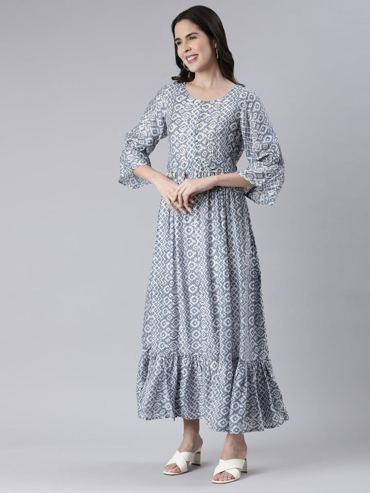 Neerus Blue muslin printed flared maxi dress - back view