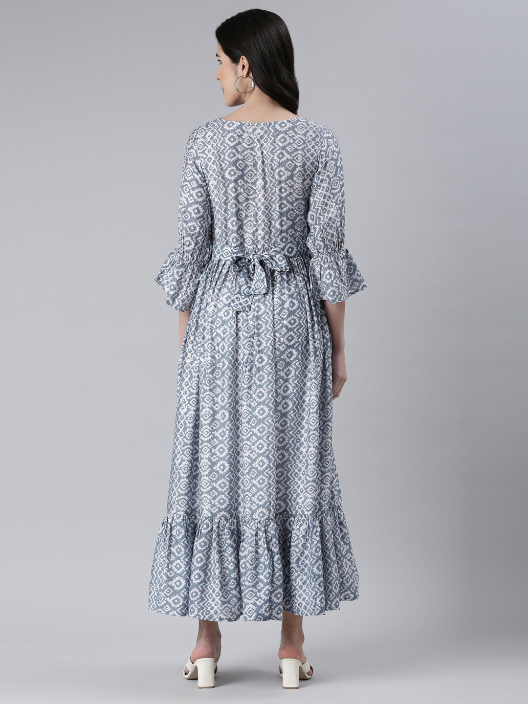 Neerus Blue muslin printed flared maxi dress - side view