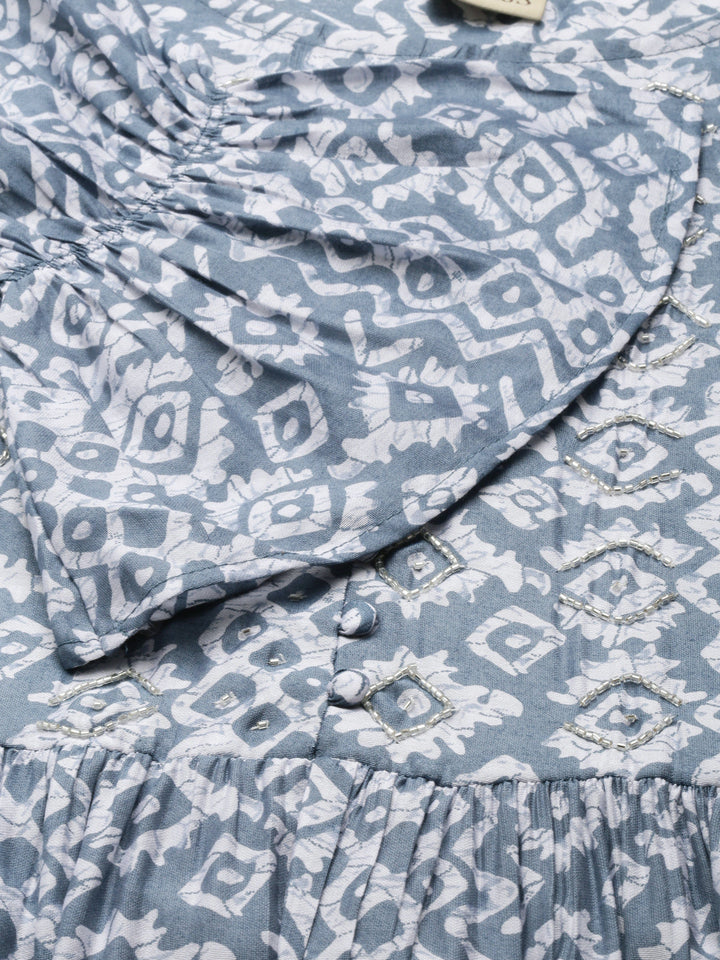 Neerus Blue muslin printed flared maxi dress - detail view 2