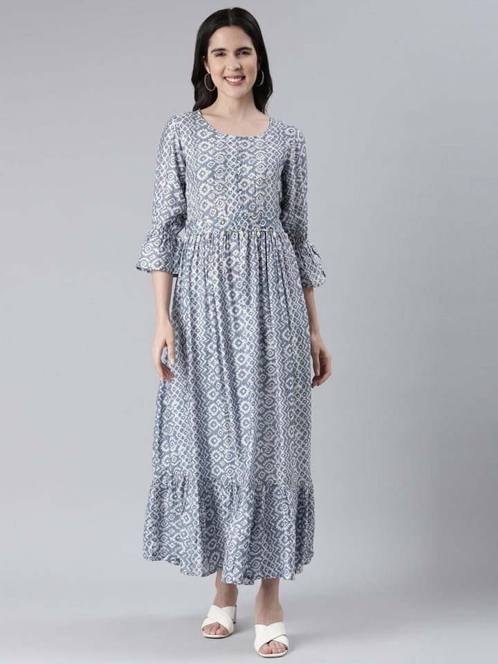 Neerus Blue muslin printed flared maxi dress - front view