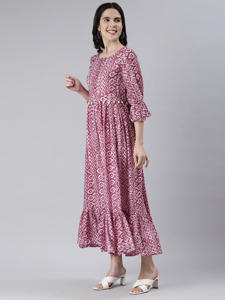 Neerus Maroon muslin printed maxi dress - back view