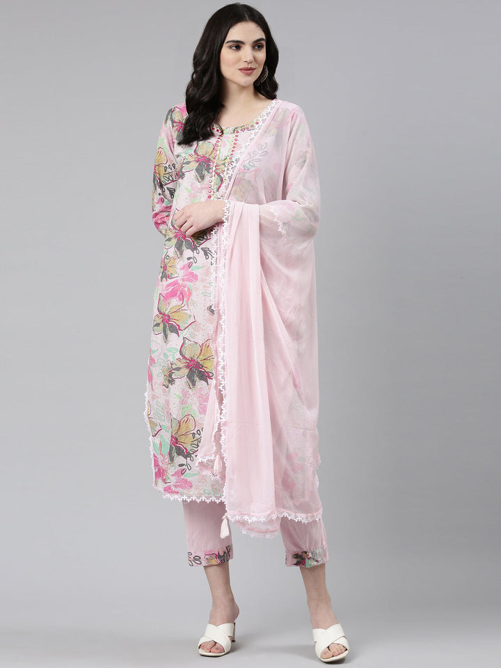 Neerus Pink cotton printed kurta set with trouser and dupatta - detail view 2
