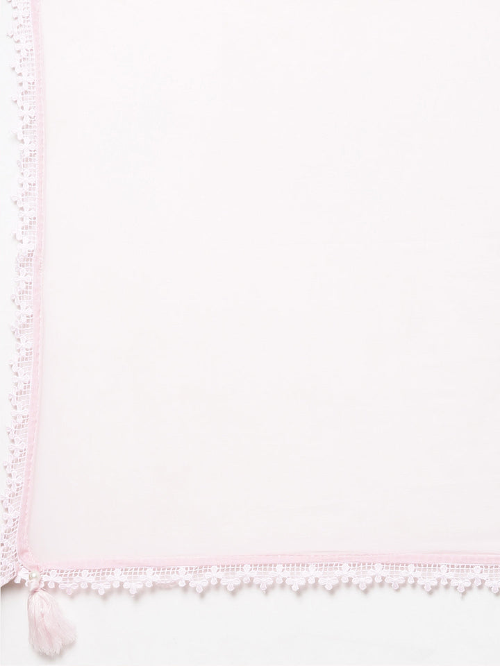 Neerus Pink cotton printed kurta set with trouser and dupatta - detail view 4