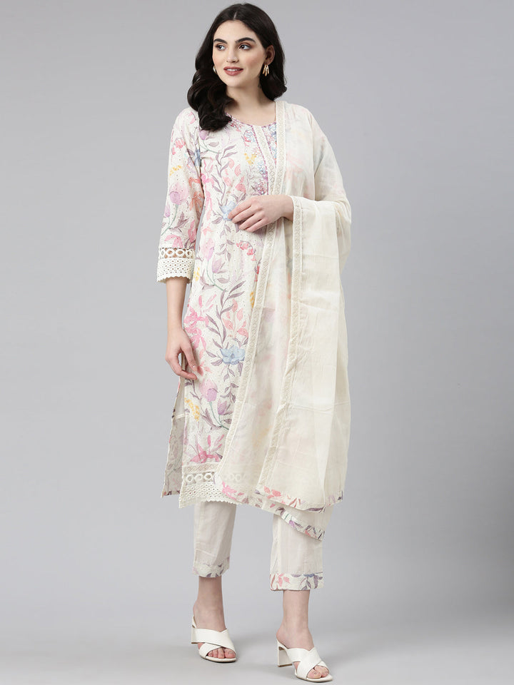 Neerus Beige printed straight kurta set with dupatta - detail view 2