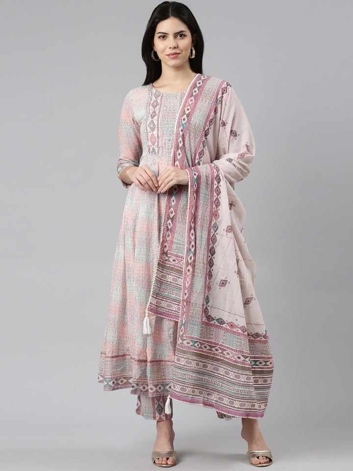 Neerus Multi printed straight kurta set with dupatta - front view