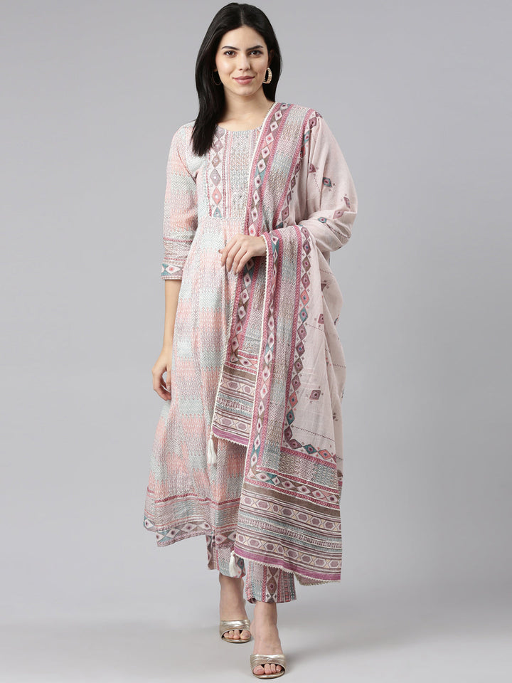 Neerus Multi printed straight kurta set with dupatta - detail view 1