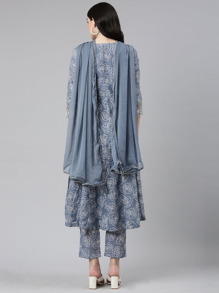 Neerus Grey rayon printed anarkali kurta set - side view