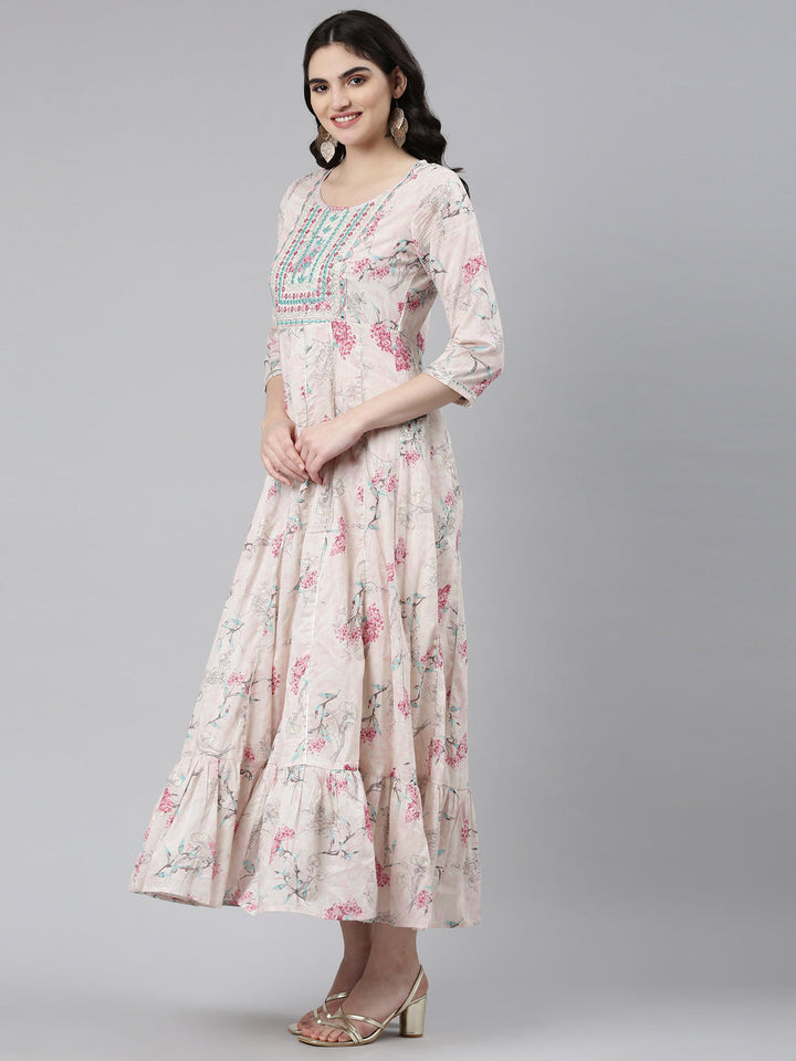Neerus Pink cotton embellished anarkali kurta with dupatta - back view