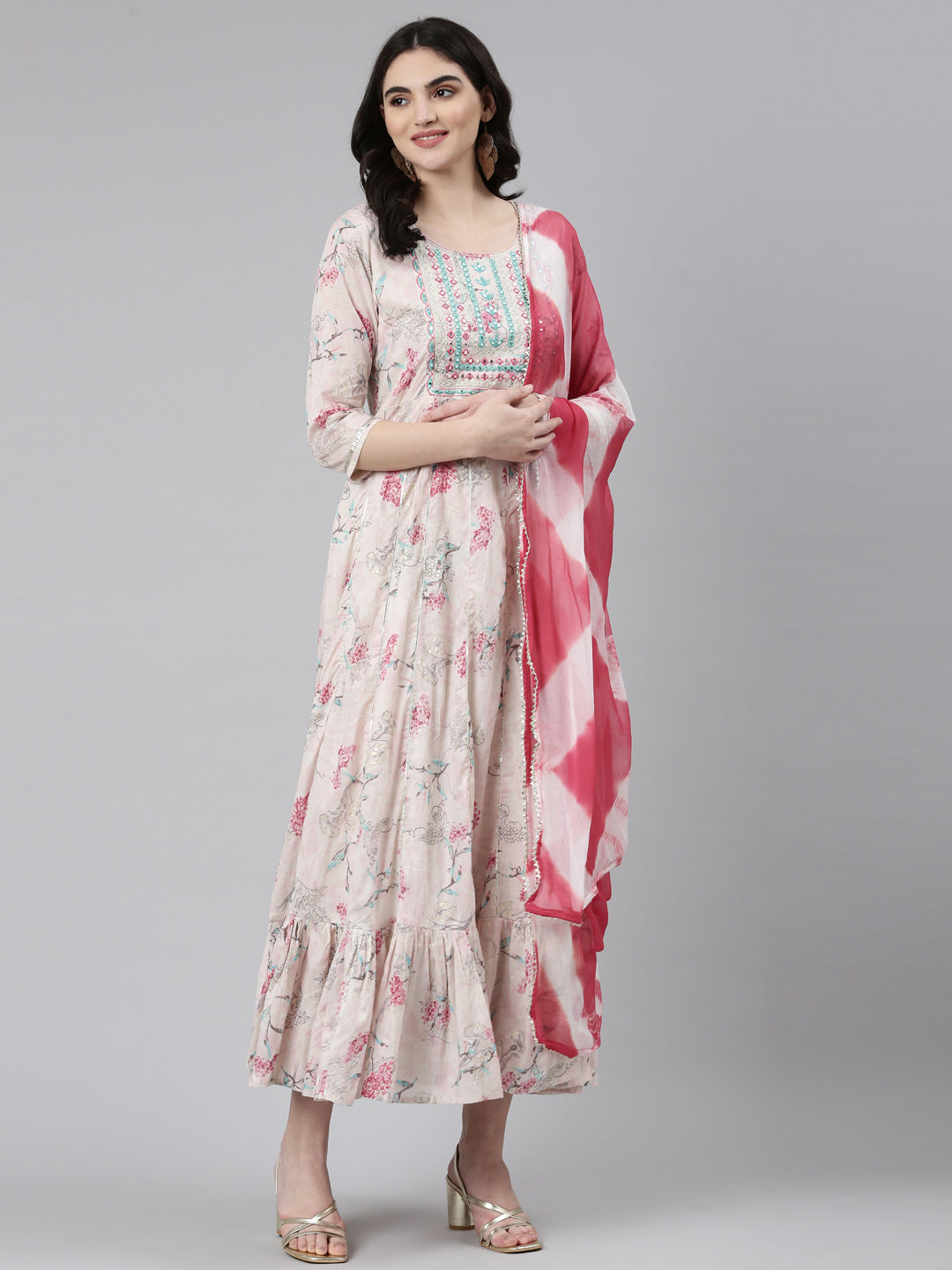 Neerus Pink cotton embellished anarkali kurta with dupatta - detail view 2