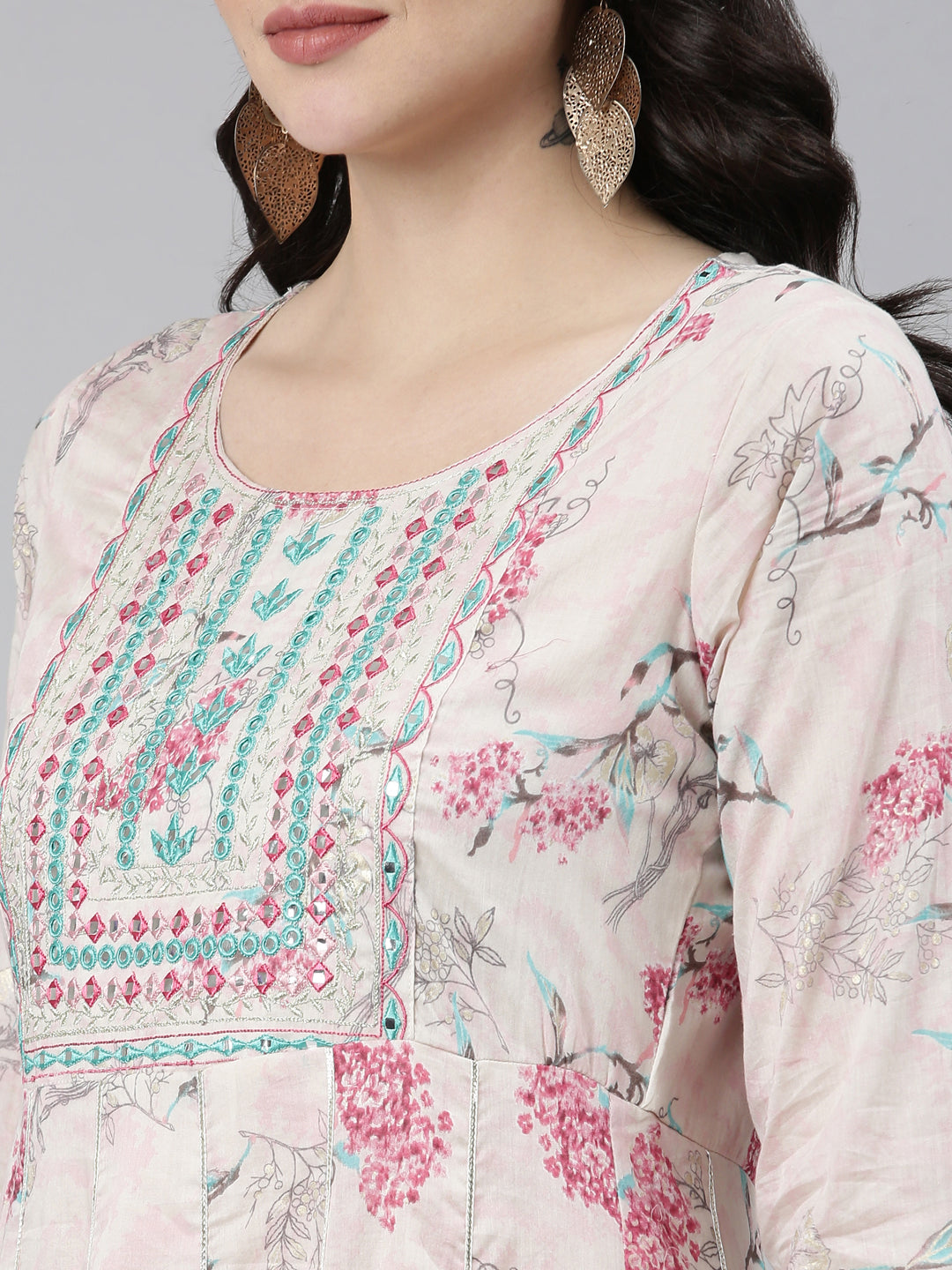 Neerus Pink cotton embellished anarkali kurta with dupatta - detail view 1