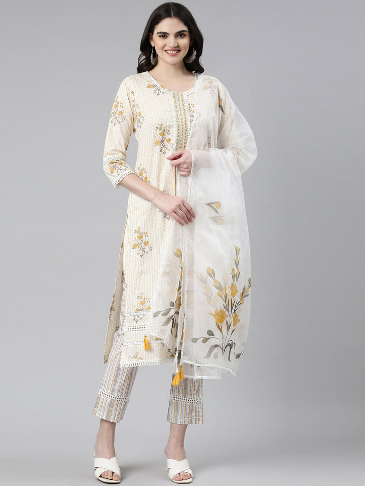 Neerus Yellow cotton printed kurta set with trouser and dupatta - front view