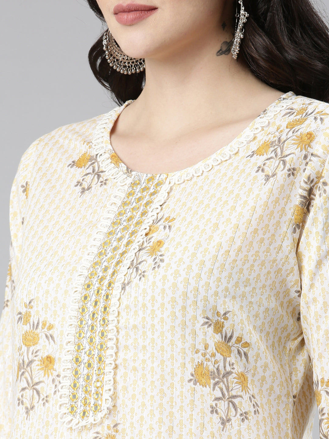 Neerus Yellow cotton printed kurta set with trouser and dupatta - detail view 1