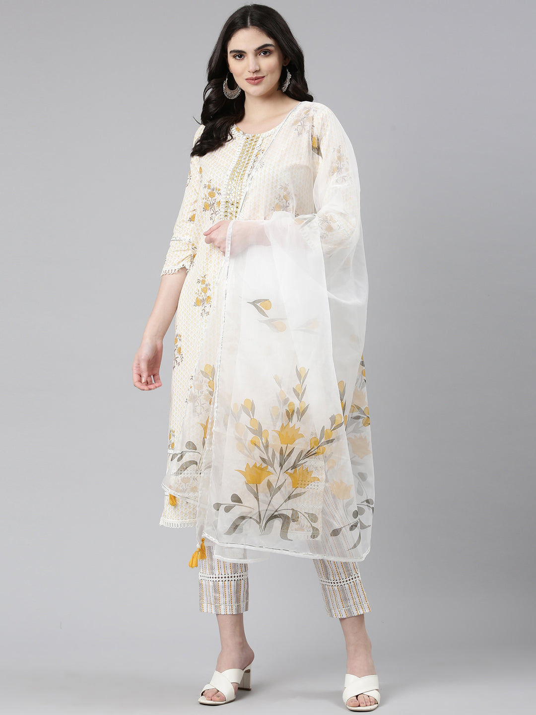 Neerus Yellow cotton printed kurta set with trouser and dupatta - detail view 2