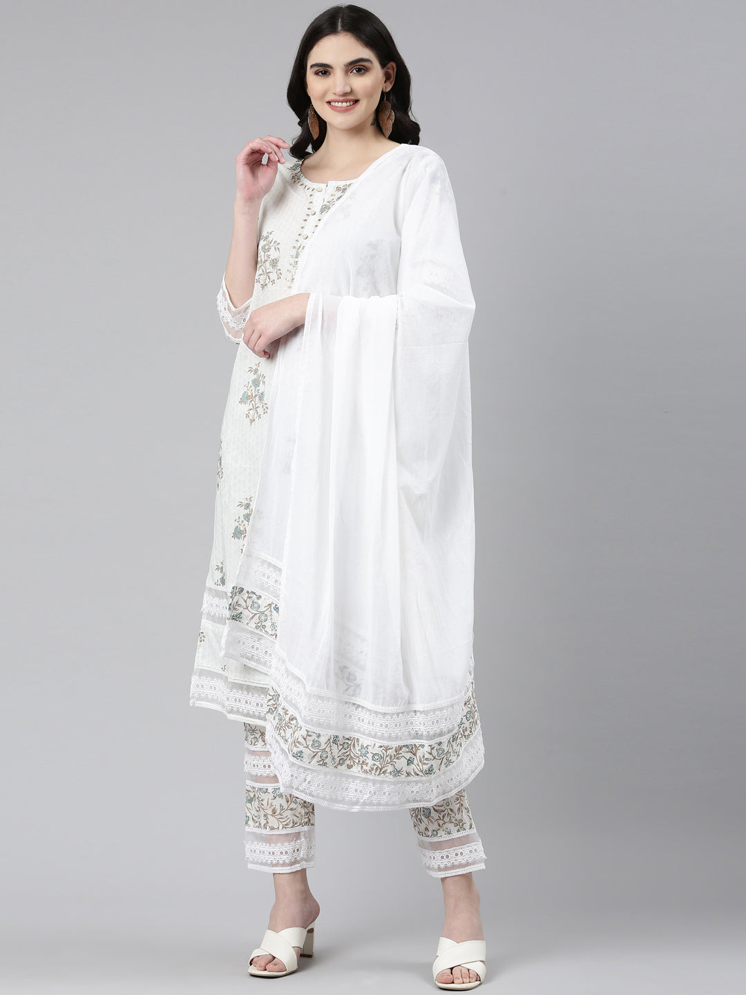 Neerus Blue printed straight kurta set with dupatta - front view