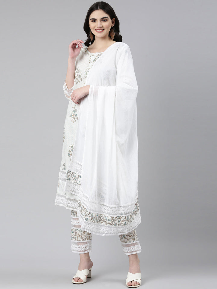 Neerus Blue printed straight kurta set with dupatta - front view