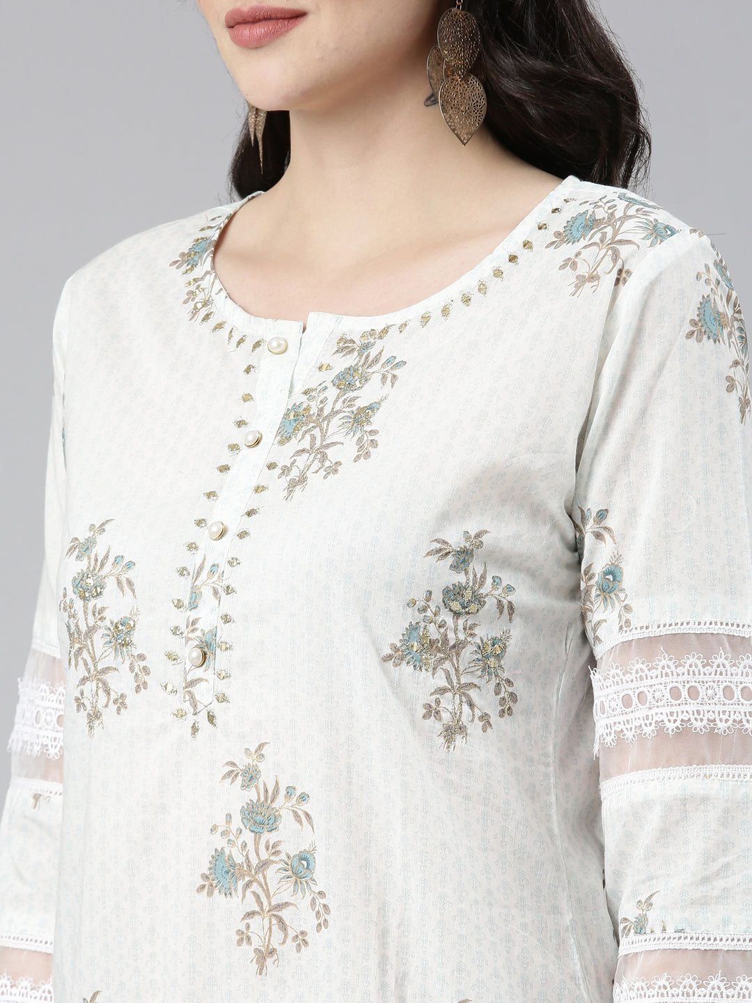 Neerus Blue printed straight kurta set with dupatta - detail view 1