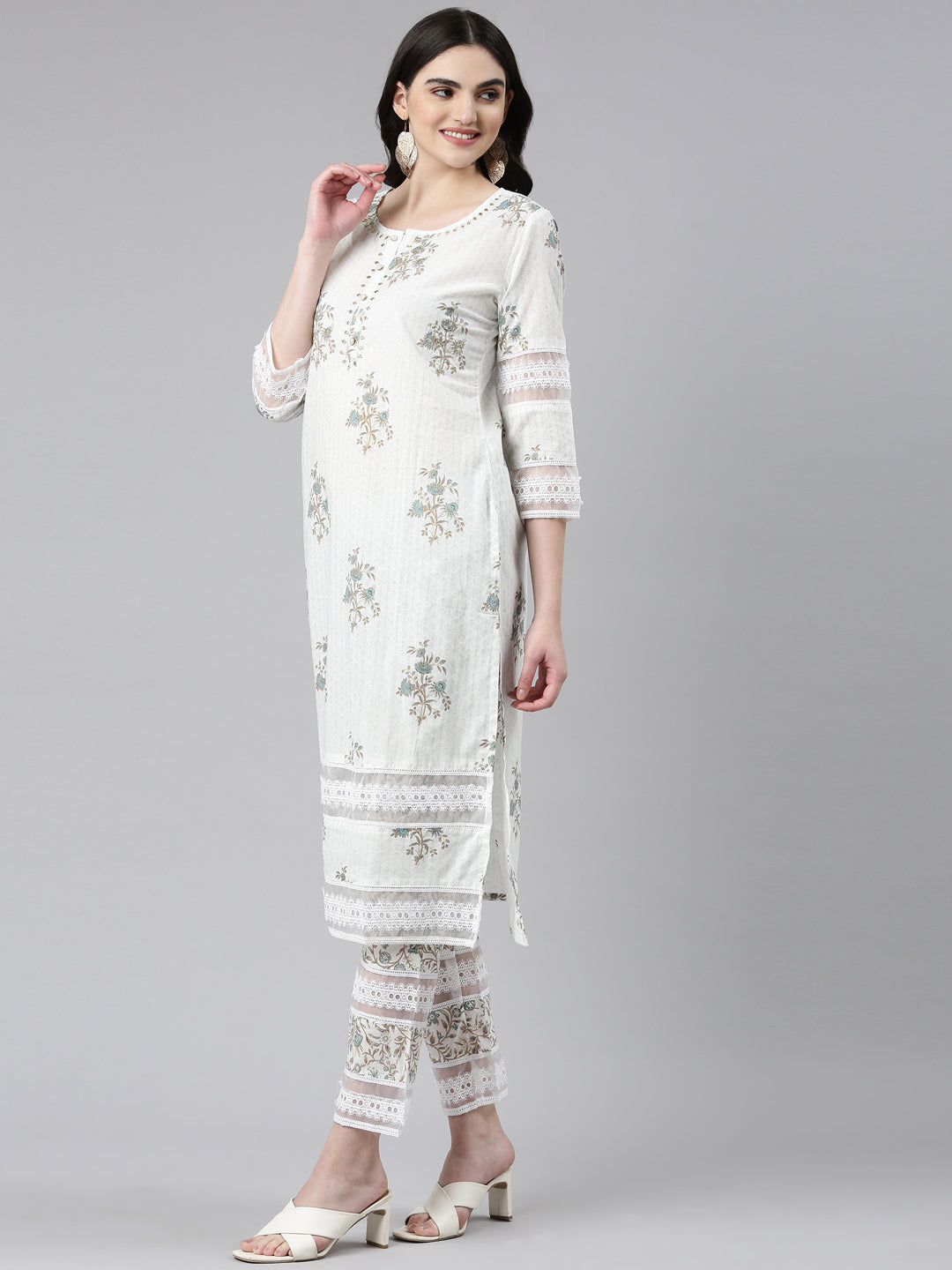 Neerus Blue printed straight kurta set with dupatta - back view