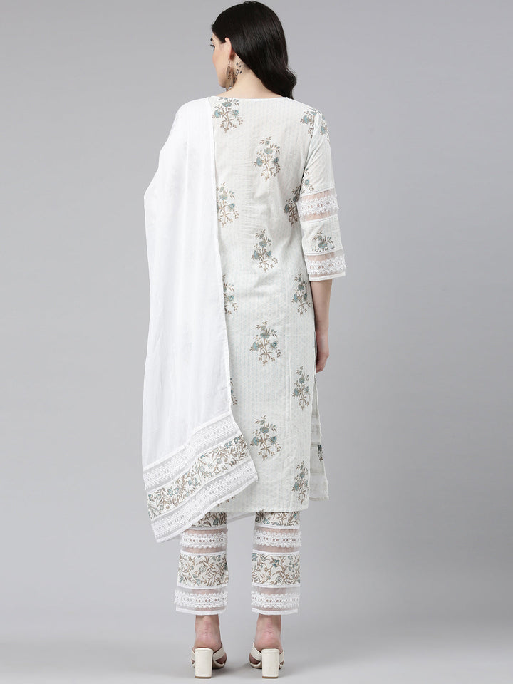 Neerus Blue printed straight kurta set with dupatta - side view