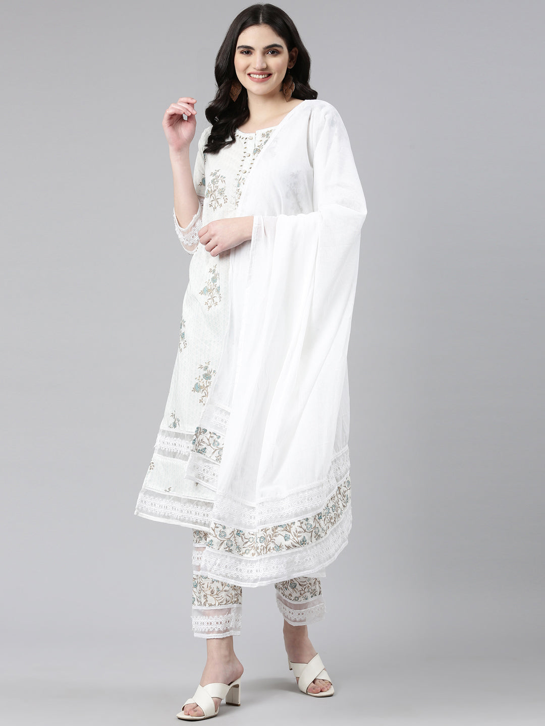 Neerus Blue printed straight kurta set with dupatta - detail view 2