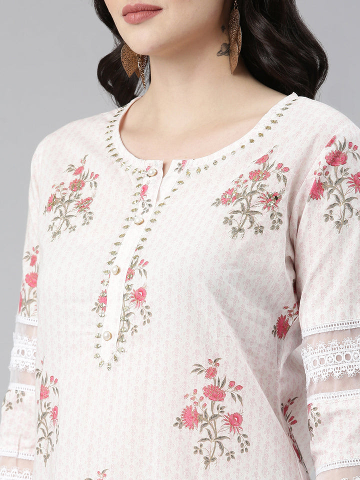 Neerus Pink printed straight kurta set with trouser and dupatta - detail view 1