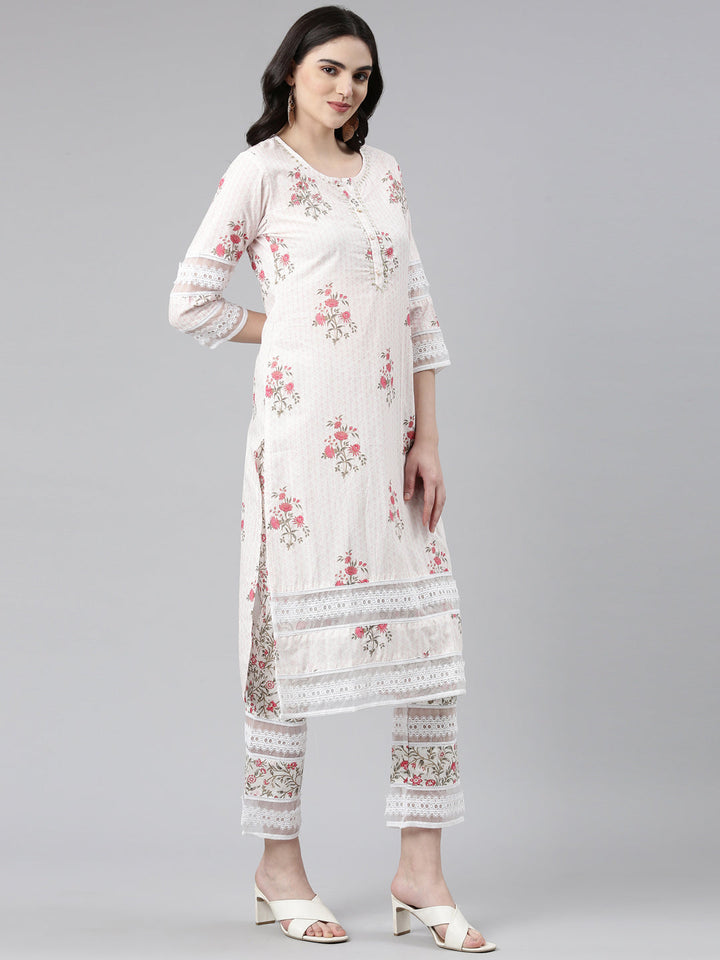 Neerus Pink printed straight kurta set with trouser and dupatta - back view