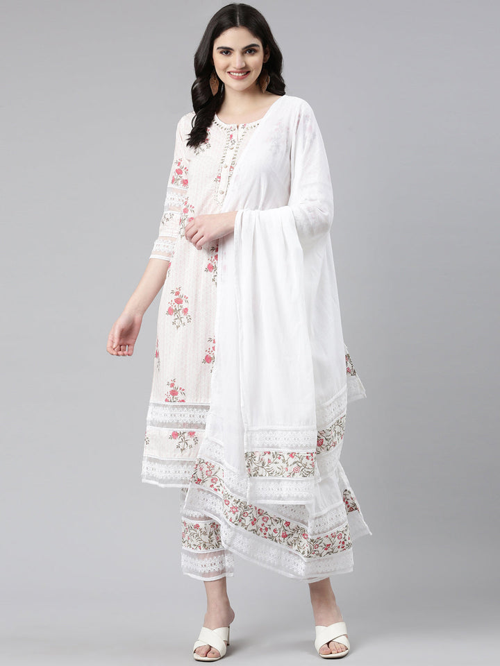 Neerus Pink printed straight kurta set with trouser and dupatta - detail view 2