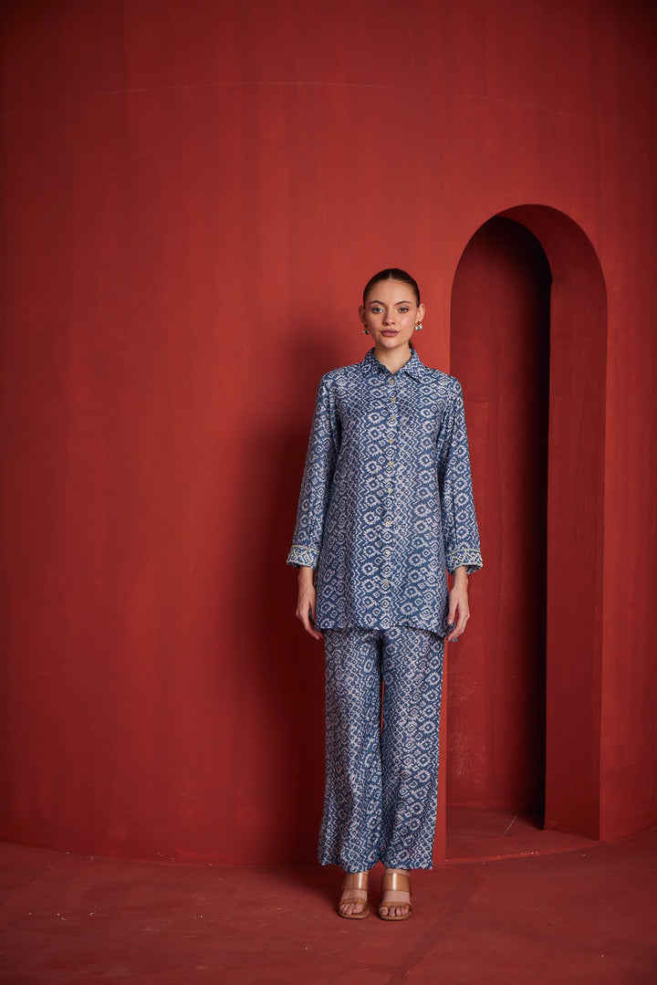 Neerus Blue Shantoon solid co-ord set - front view