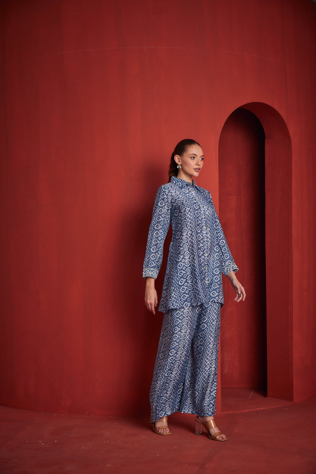 Neerus Blue Shantoon solid co-ord set - back view