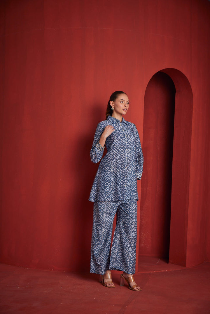 Neerus Blue Shantoon solid co-ord set - side view