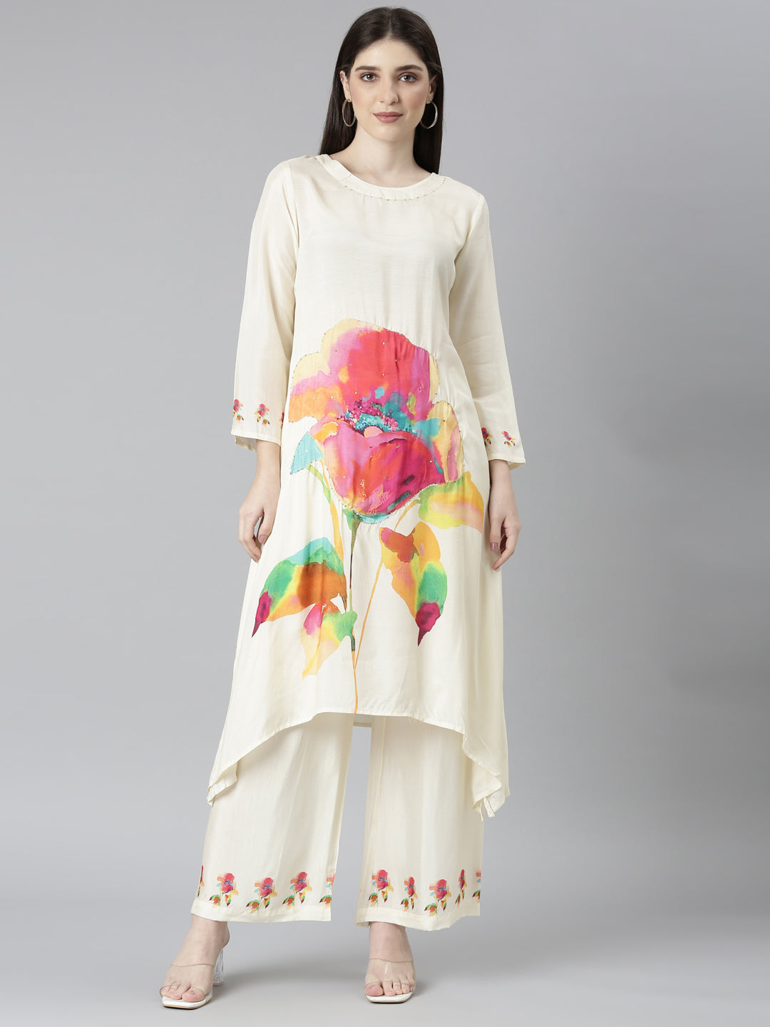 Neerus Beige floral printed kurta set with palazzo - front view
