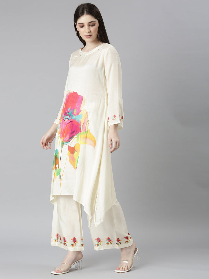 Neerus Beige floral printed kurta set with palazzo - back view