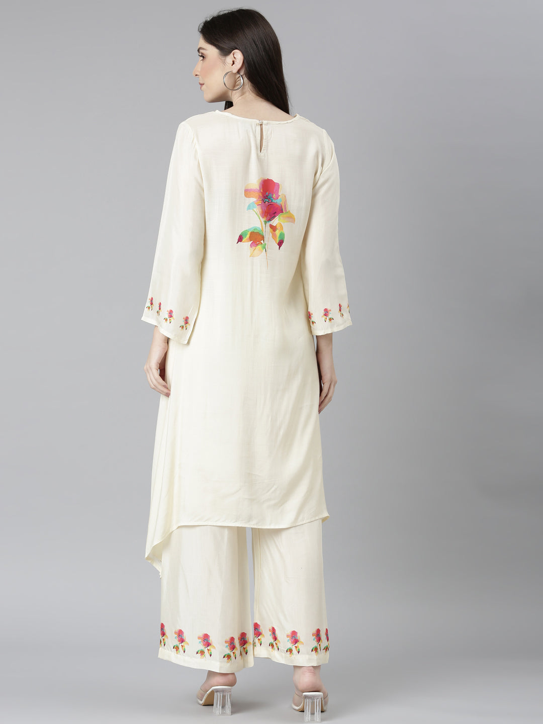 Neerus Beige floral printed kurta set with palazzo - side view