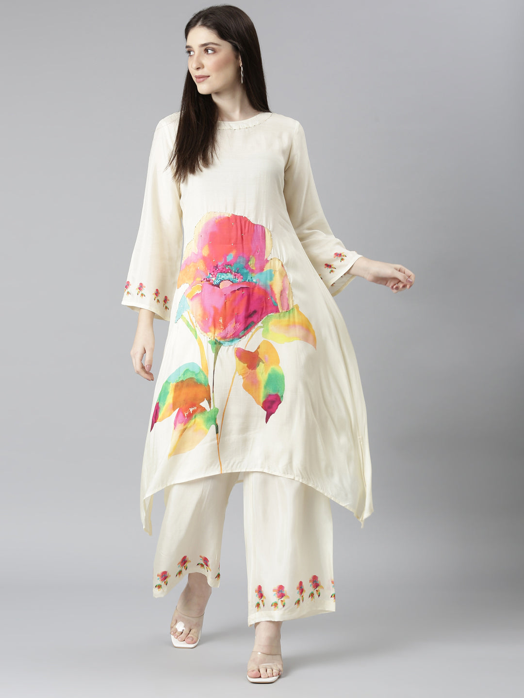 Neerus Beige floral printed kurta set with palazzo - detail view 2